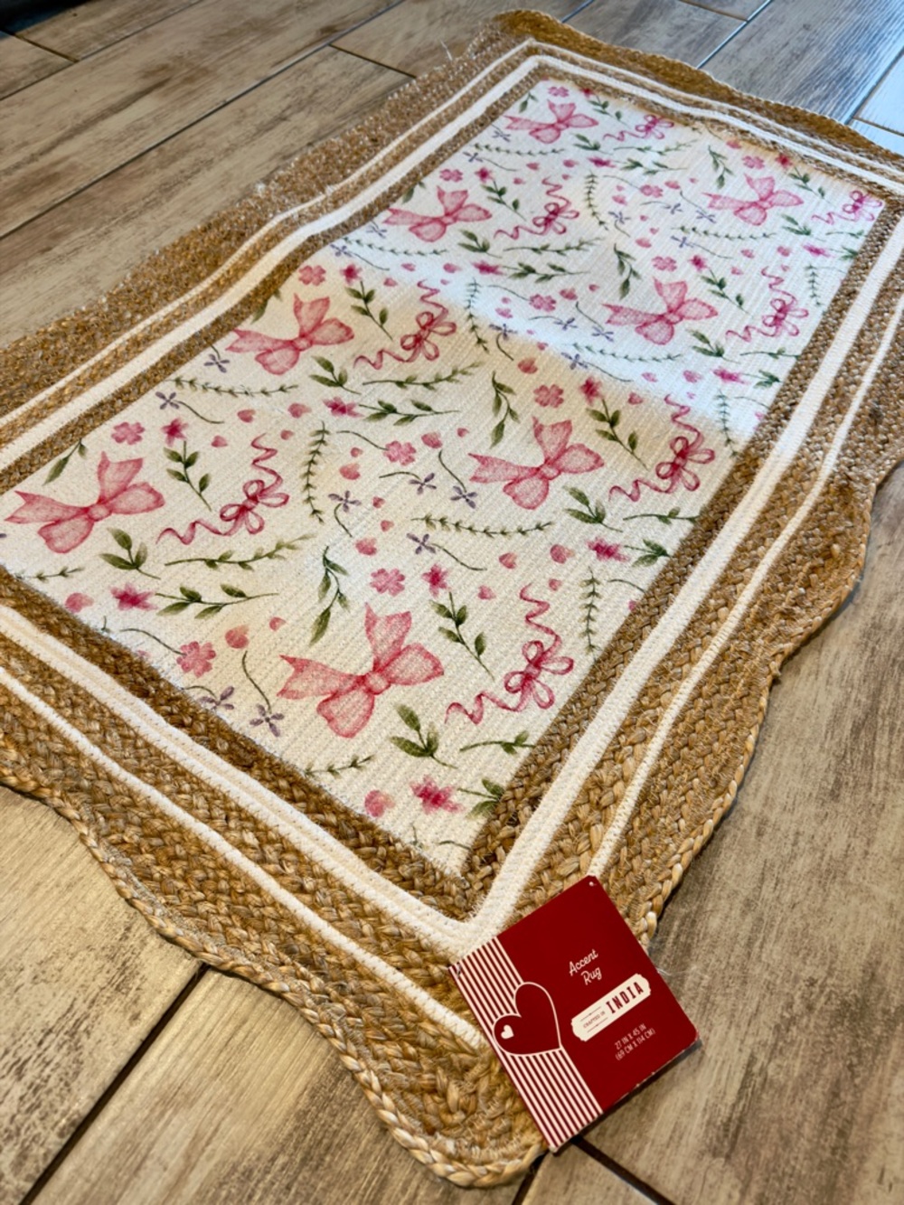Cottagecore Bow Floral Accent Rug 27x45 | Jute Trim Handmade India